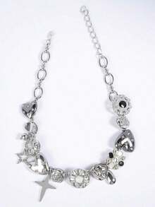 1pc Vintage Punk Rock Style Metal Heart, Flower & Pendant Necklace Chain, Suitable Party, Music Festival - 銀色 - 查看 7