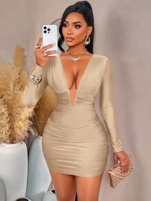 AIJ Amarilo Elegant Sexy Women's Deep V-Neck Long Sleeve Ruched Bodycon Knit Dress, Suitable For Parties And Nightlife Spring - Khaki - View 5