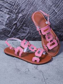 Women's Rivet Hollow-Out Comfortable Flat Sandals, Gladiator Sandals, Summer, Solid Color Bohemian PU Leather Rivet Buckle Flat Sandals For Beach - Pink - View 7