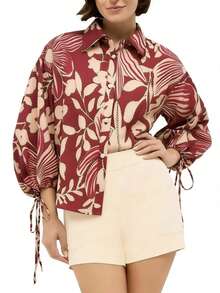 女士优雅长袖衬衫上衣，带领子，采用独特图案针织面料，纽扣细节，适合度假春季穿着。 - 中紫紅色 - 查看 6