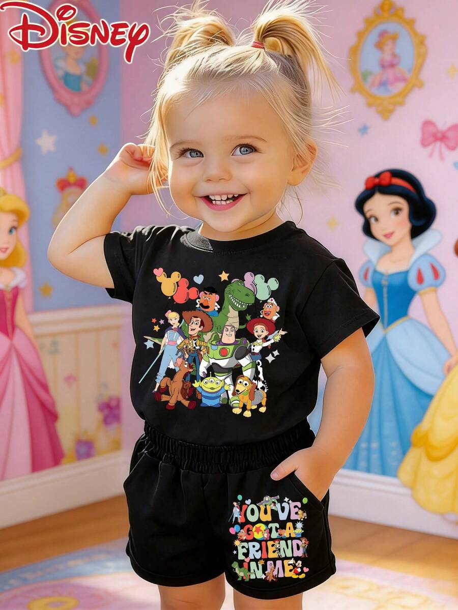 Baby's Short-Sleeved Shirt And Shorts Set, 2-Piece, Disney Toy Story Characters Group Photo Pattern Printed, White Upper Garment. Cute, Comfortable, Breathable, And Skin-Friendly For Children. Summer T-Shirt As A Base Layer For Pullover Shirts, Sportswear And Sports Suits,Ropa De Bebe Recien Nacido - 黑色 - 查看 1