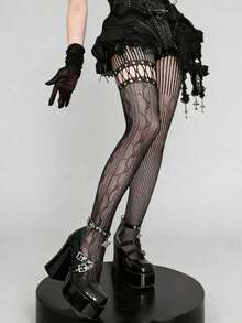1双不对称镂空渔网袜，性感叛逆少女风黑色透明紧身裤，搭配修身裤，复古美式颓废哥特朋克千禧年性感甜美风 - 彩色 - 查看 5