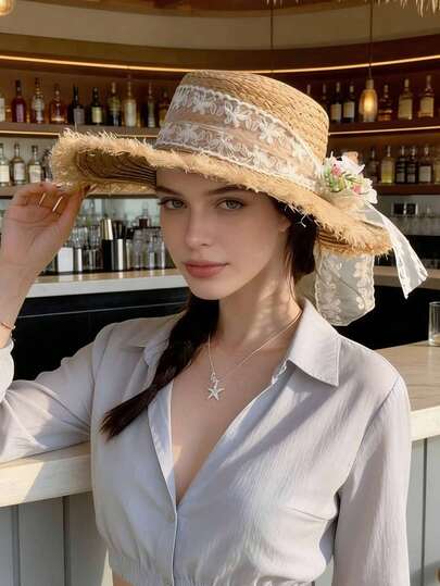 1pc Women's Solid Color Lace Flower Brim Woven Straw Hat, New French Fashion Elegant Chic Straw Hat, Versatile Casual Sunhat For Spring/Summer Outing And Daily Use