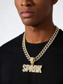 1pc Men's Fully Iced-Out Hip Hop Cuban Link Chain With English Letter Pendant Necklace - Style a - View 1