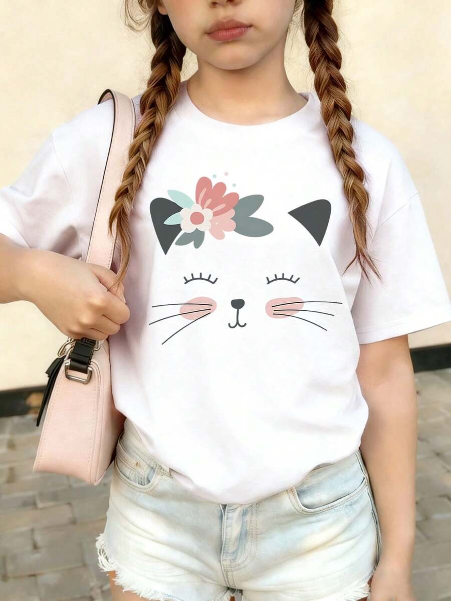 少女休闲趣味印花圆领短袖T恤,夏季上衣 - 白色 - 查看 1