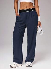 Women's Loose Fit Wide Leg Track Pants, Solid Color High Waist Athletic Pants With Contrast Waistband, Casual Outdoor & Loungewear Bottoms, Minimalist Stylish Activewear For Teens, Juniors & Adults, Ideal For Spring & Summer - 藍色 - 查看 1