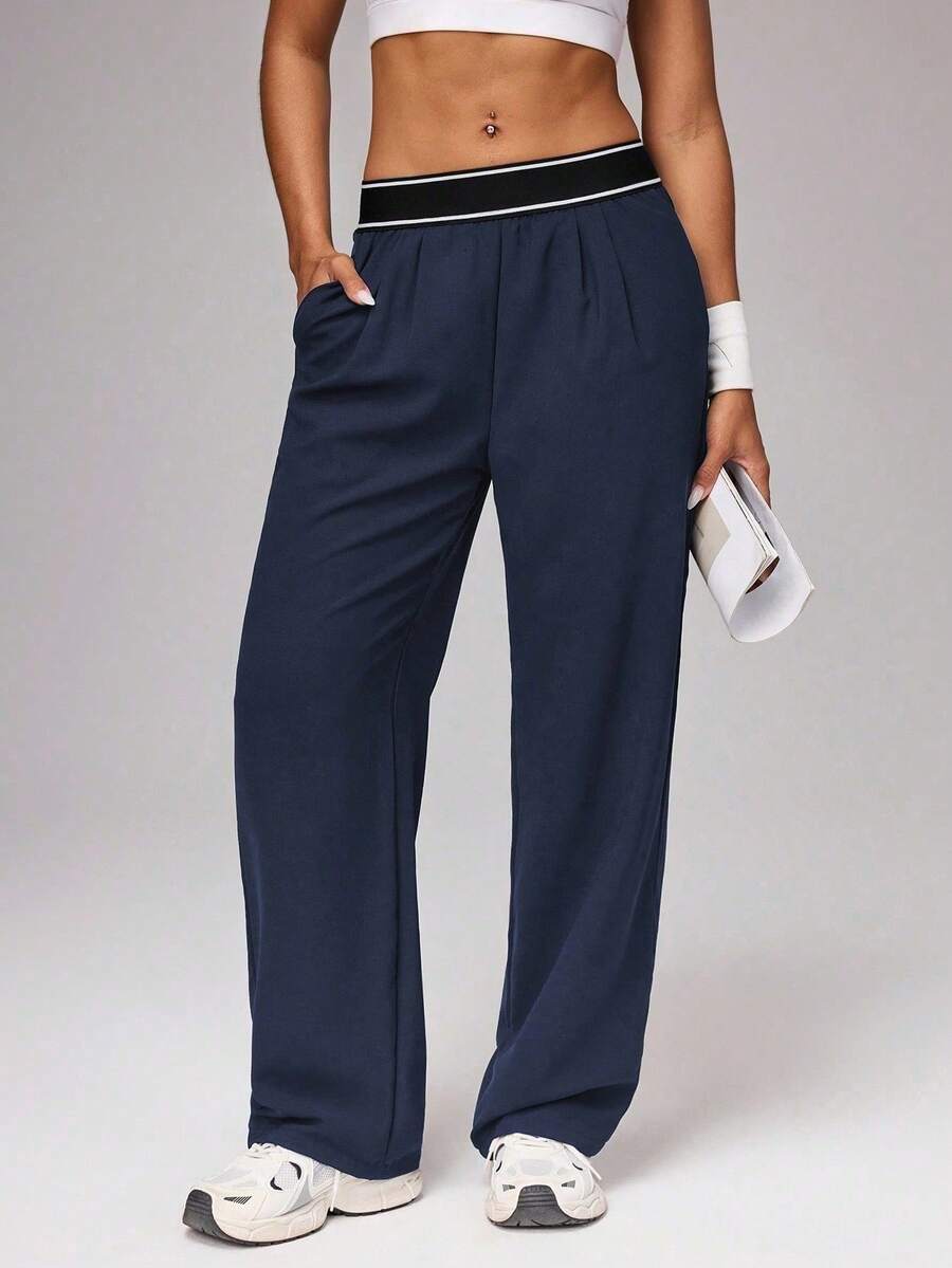 Women's Loose Fit Wide Leg Track Pants, Solid Color High Waist Athletic Pants With Contrast Waistband, Casual Outdoor & Loungewear Bottoms, Minimalist Stylish Activewear For Teens, Juniors & Adults, Ideal For Spring & Summer - 藍色 - 查看 1