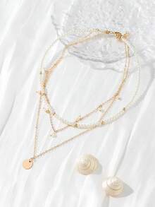 1 buah Kalung Mutiara Imitasi Berlapis Gaya Bohemian, Kalung Choker Liontin Cakram Manik-manik CCB untuk Wanita - Emas - View 4