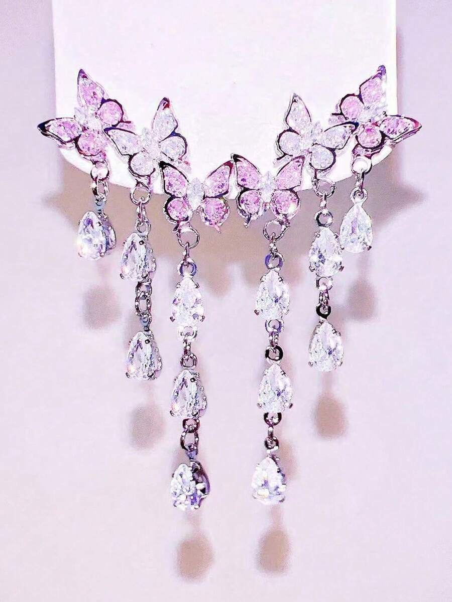 2只锆石蝴蝶流苏耳环，捕梦网蝴蝶耳环，清新甜美的绿色耳环，适合女性日常佩戴、度假、派对、珠宝礼品。 - 彩色 - 查看 1