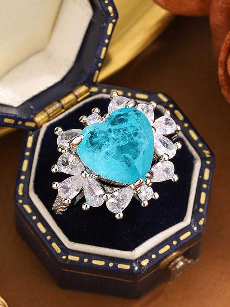 奢华水滴形浅蓝色心形戒指，几何造型订婚珠宝，女士礼物 - 白色 - 查看 1