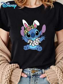 Disney Women's Stitch Easter Bunny Floral Character Short-Sleeved T-Shirt - Easter Egg Print Theme Round-Neck Top, Soft Cotton Breathable Fabric, Casual Daily Wear, Suitable For Easter Gatherings - màu đen - Xem 2