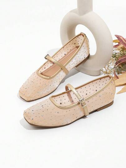 金色网眼水钻玛丽珍鞋，透气方头平底单带套脚鞋，女士款，适合婚礼、派对、办公室、户外活动、春夏穿着