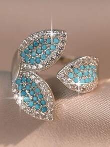 1枚奢华叶形设计蓝色立方氧化锆订婚戒指，高贵独特的开口戒指，适合女性商务、大学、度假、派对和日常佩戴。 - 湖藍 - 查看 7