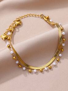 1pc 18K Gold Stainless Steel Double-Layer Faux Pearl Snake Chain Anklet, Suitable For Summer Beach, Vacation, Daily Wear And Parties - Double layer Anklet - View 3