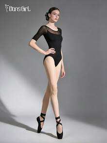 DonsGirl Maillot de ballet para mujer - Empalme de malla elástica de 3/4 de manga, Maillot de danza moderno/clásico, Ropa de actuación profesional Negro Primavera - Negro - Ver 7
