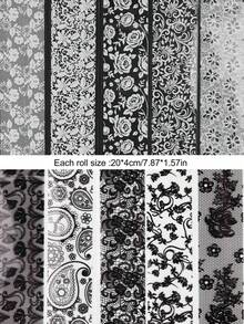 10 miếng dán móng tay ren đen trắng, họa tiết hoa văn ren cổ điển, decal móng tay DIY hiệu ứng ba chiều (không kèm keo) - Đen và trắng - Xem 9