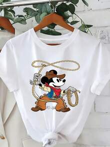 Disney (Loose Version)Adorable Women's Short Sleeve Cotton Tee With Round Neck And Fun Mickey Mouse Cowboy Graphic Short-Sleeved Round Neck Casual Shirt Necessary In Summer, Suitable For Summer And Spring, Holiday Gift Party Clothing, Ladies' Clothing. - trắng - Xem 1