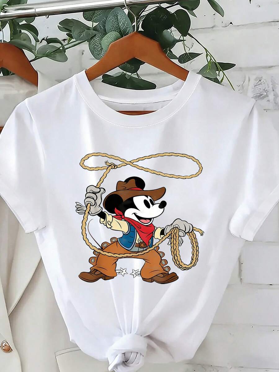 Disney (Loose Version)Adorable Women's Short Sleeve Cotton Tee With Round Neck And Fun Mickey Mouse Cowboy Graphic Short-Sleeved Round Neck Casual Shirt Necessary In Summer, Suitable For Summer And Spring, Holiday Gift Party Clothing, Ladies' Clothing. - trắng - Xem 1