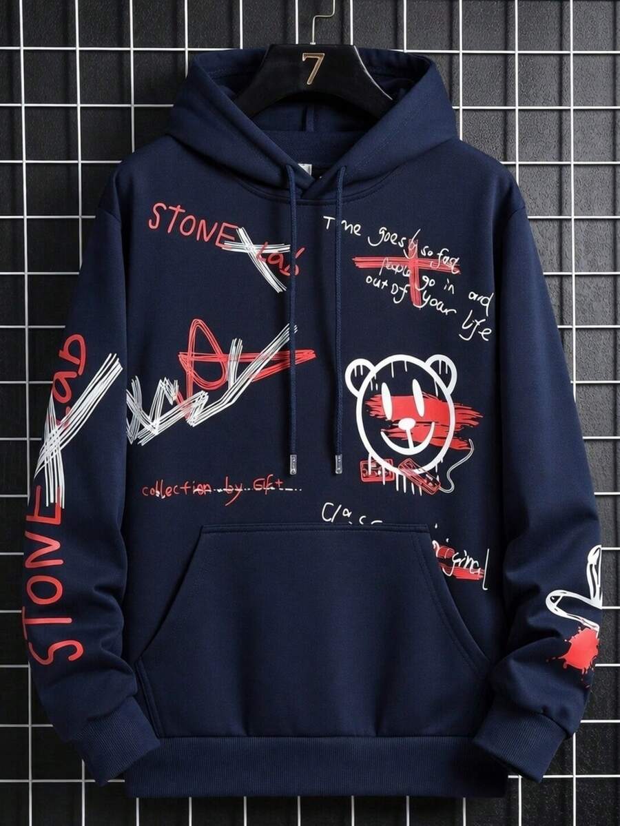 Streetwear Kangaroo Hoodie With Various Prints - Màu xanh hải quân - Xem 1