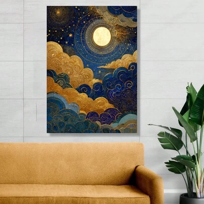 1pc Gustav Klimt "Celestial Sky" Canvas Painting, Golden Moon And Stars Wall Decoration, Decorative Blue And Gold Abstract Cloud Painting, Modern Home Decoration, Suitable For Home Decoration, Room Decoration, Bedroom Decoration, Living Room Decoration, Bathroom Decoration, Wall Decoration, Optional Framed Wall Art.