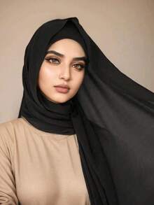 2pcs Women Scarf & Cap Set, Versatile Underscarf Cap Combo, Hijab Middle East Abaya Accessory, Elastic Underscarf Cap & Chiffon Scarf Casual Set - Black - View 1