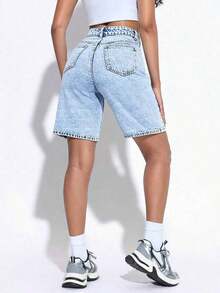 Women High Waist Bermuda Shorts, Casual Loose Style Jeans Shorts - 輕洗 - 查看 3