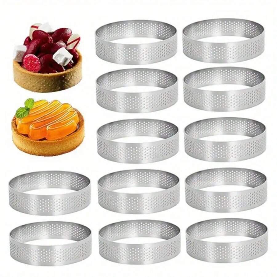 Bộ 6 khuôn bánh tart bằng thép không gỉ, 12 khuôn bánh tart mini có lỗ, khuôn bánh tròn chống dính, khuôn bánh ngọt kiểu Pháp, khuôn bánh trái cây nhỏ, khuôn bánh tròn dùng cho tiệc sinh nhật, đám cưới. - Bạc - Xem 1