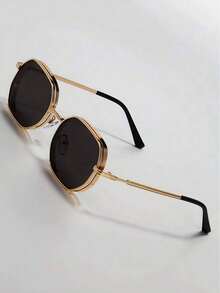 Men's Summer Metal Geometric Fashion Glasses, Streetwear Style, Available In Black/Gold/Silver/Brown, Create Fashionable School Season Look - Gold - View 4