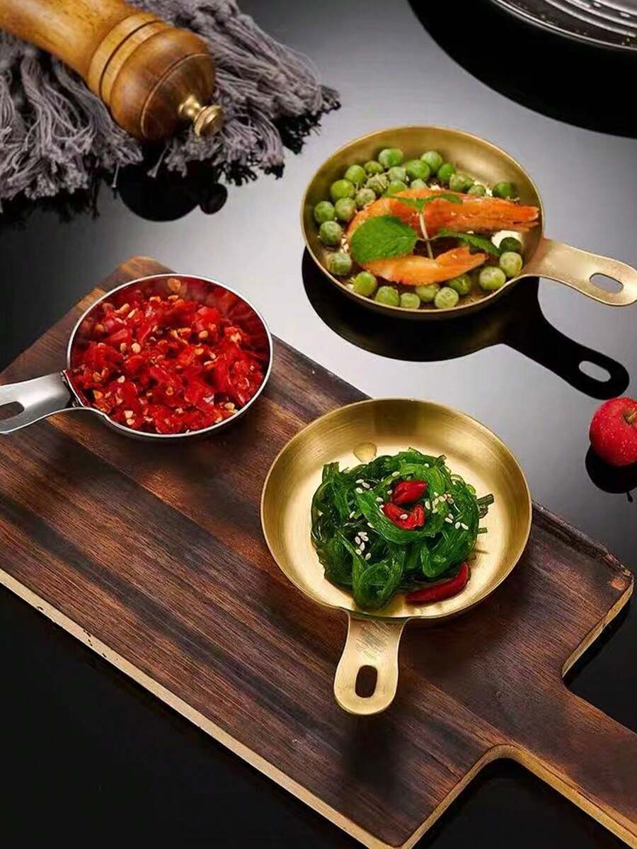 1pc Retro 304 Stainless Steel Sauce Dish With Handle, Western Style Condiment Cup, Kitchen Soy Sauce Vinegar Dipping Plate - Gold - View 1