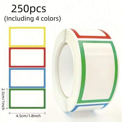 250张/卷 彩色边框白色姓名贴纸，自粘标签，适用于物品分类整理、学生用品、家居用品、返校季