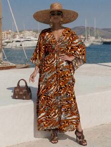 Vestido de playa de lujo para mujer con estampado romántico, cuello en V profundo, manga de murciélago, corte holgado, elegante para fiestas, vestido de cubierta de traje de baño, primavera/verano 2026 - Multicolor - Ver 8