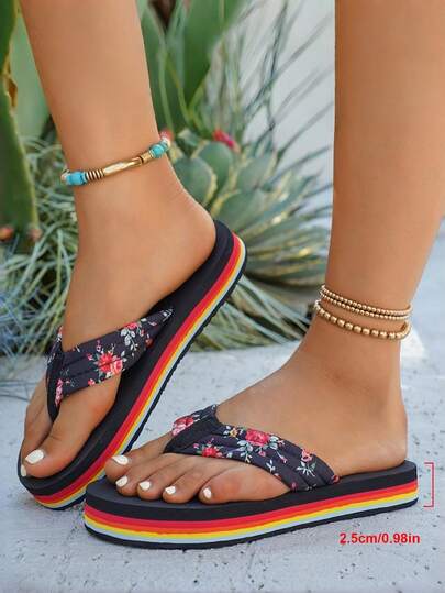 花卉图案女士人字拖，新款时尚彩虹平底凉鞋，适合旅行、度假、约会、海滩、日常出行。轻盈EVA鞋底，柔软舒适，耐磨防滑，休闲百搭，优雅大方，户外、海边、沙滩鞋，女士拖鞋