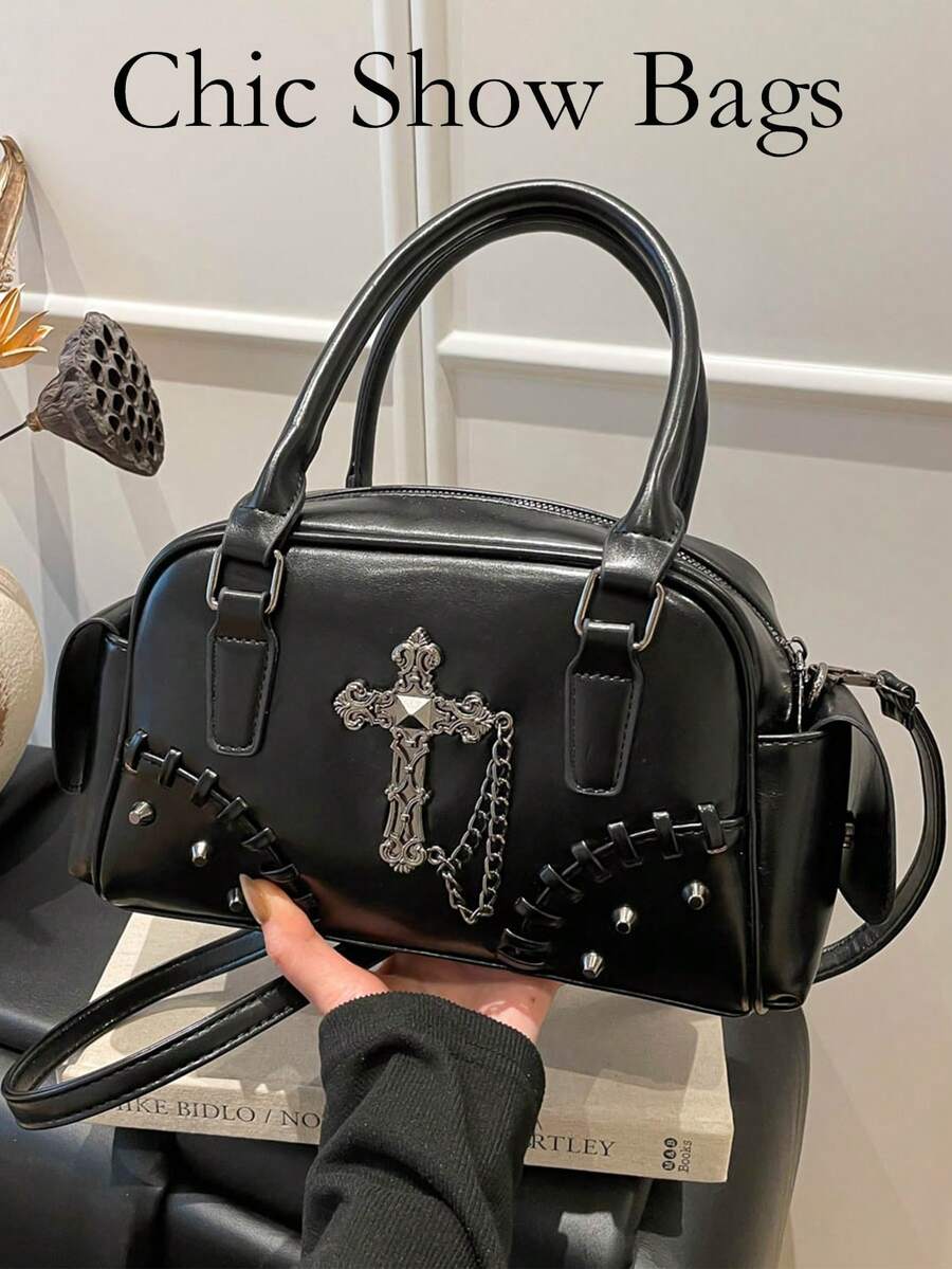 Women's Fashionable Cross-Studded Handbag, Sweet And Cool Punk Bowling Bag, Shoulder/Crossbody Bag.