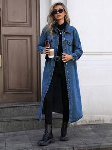 Mobula Sound# 休闲时尚服饰，百搭优雅学院风学生Y2K风格长款牛仔夹克，适合春夏秋季 - 酵母深藍 - 查看 3