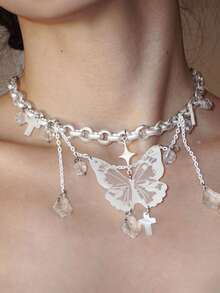 1pc 2026 New Spring/Summer Butterfly Tassel Cross Star Geometric Pendant Necklace, White Acrylic Resin Natural Stone Faux Crystal Metal, Women's Y2K Fashion Party Jewelry - Multicolor - View 2