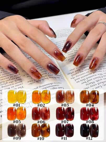 Miss Leia 1-12 15ml 春夏美甲琥珀玻璃珠凝胶指甲油果冻美拉德焦糖奶茶咖啡棕色指甲油流行色凝胶指甲油初学者美甲UV LED固化可浸泡半永久性适合美容院美甲沙龙套装DIY居家假日女士礼物美甲用品