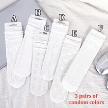 1/3/6 Pairs Women White Lace Hollow Out Socks, Heart Pattern Mid-Calf Socks, Sweet Lolita Style Socks, Straight Tube Socks Without Heels - White - View 30