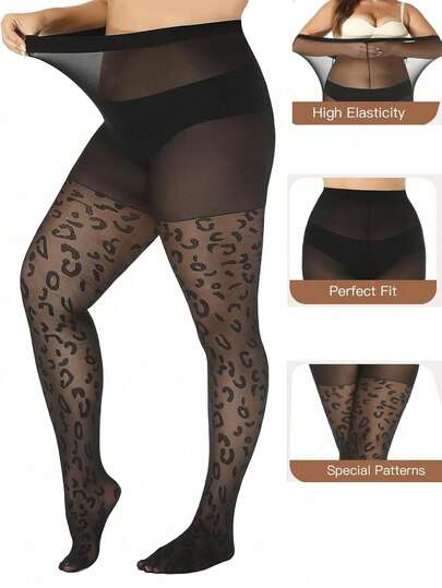 Plus Size Sexy Stockings, Women's Leopard Print Solid Elastic High Waist Semi-Sheer Comfortable Pantyhose