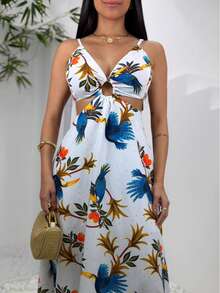 Women's Floral Long Dress, Loose Fit, Elegant, Lined, Printed - 白色和藍色圖案 - 查看 4
