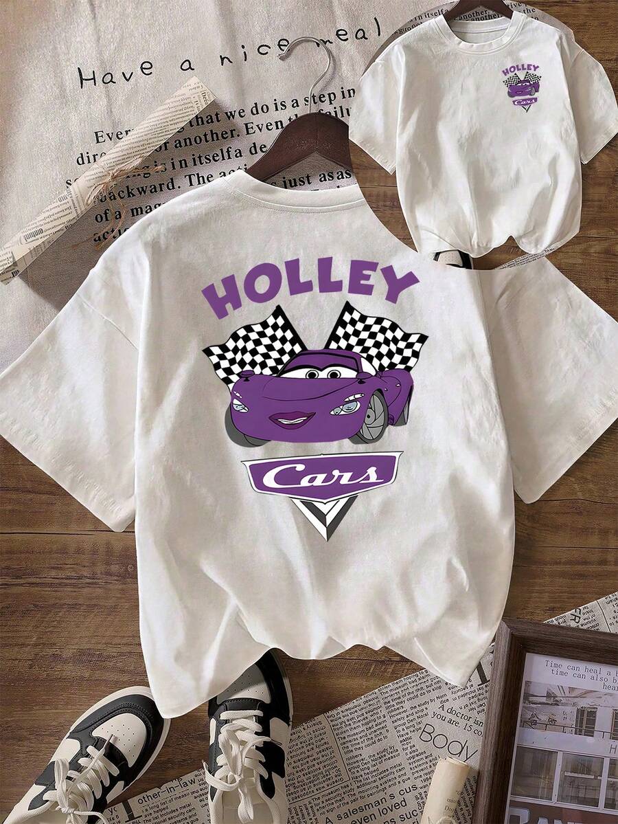 Disney Pixar Cars Holley Shiftwell T-Shirt & Shorts Set: White Oversized Tee With Front Mini Holley & Back Holley Graphic, White Casual Shorts, Perfect For Car Fans, Theme Park Visits And Daily Wear, Ideal Gift - 白色 - 查看 1