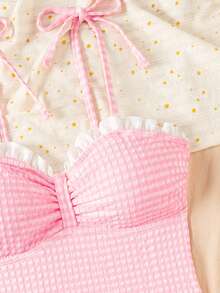 一件格子优雅褶皱/荷叶边针织面料泳衣，适合所有季节的海滩度假 - 粉色 - 查看 4