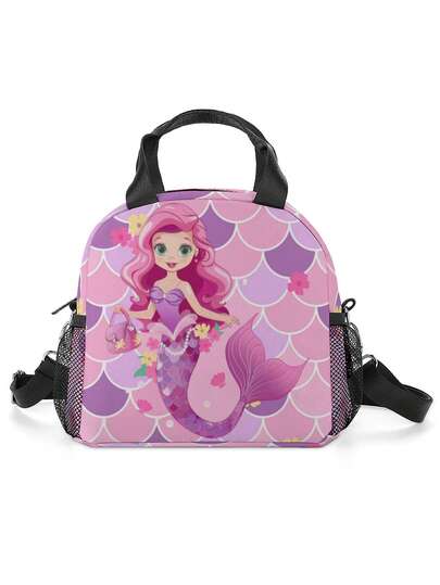Barnmatsäck med sjöjungfrumönster och dubbla handtag, avtagbar metallspänne, kan användas som tygväska eller axelväska, lämplig för picknick, korta resor, shopping, älskad av barn, utmärkt present till högtider och födelsedagar