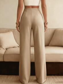 Women's Solid Color Wide Leg Straight Casual Pants, Versatile Business Commuter Trousers Spring - Khaki - View 3
