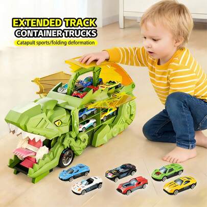 变形恐龙男孩卡车玩具，含2辆合金赛车，恐龙运输车1套多功能变形轨道车玩具套装，恐龙轨道，变形车和发射坡道，包含2辆合金迷你车 - 适合儿童互动游戏，可折叠恐龙运输车玩具赛车游戏，儿童车，带翅膀和把手的儿童益智玩具，男孩女孩生日礼物