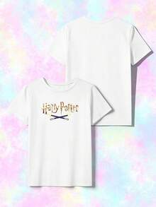 Whysmera SHEIN X Harry Potter Áo thun ngắn tay in chữ phong cách thường ngày dành cho nữ, thích hợp cho mùa hè. - trắng - Xem 3