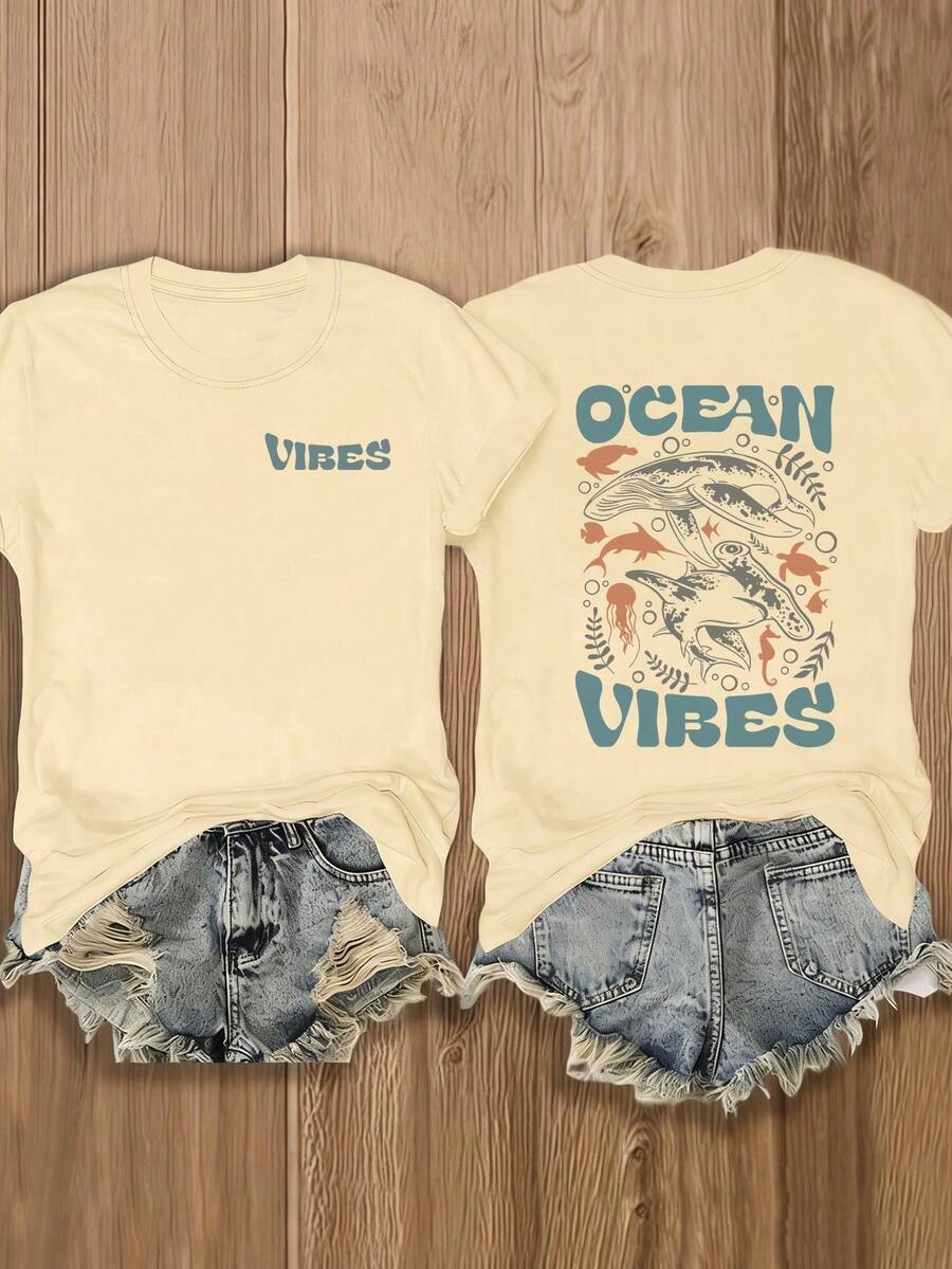 Summer Women's Ocean Beach Shark, Dolphin, Turtle, Jellyfish, Starfish Letter Print Round Neck Beige Short Sleeve T-Shirt, Casual Loose Functional Vacation Style Top, Suitable For Vacation And Fashionable Summer Wear - Apricot - View 1