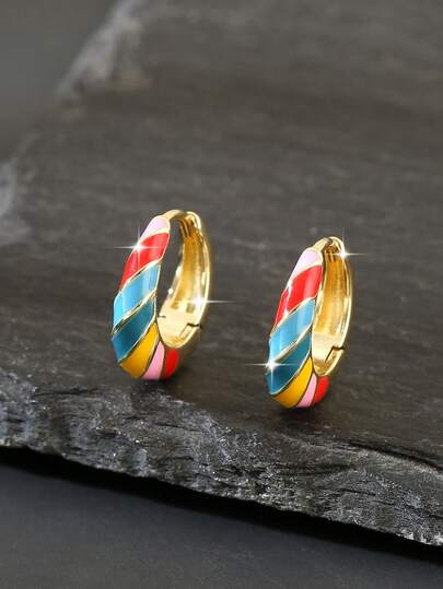 一对复古铜珐琅彩色几何圆形耳环，百搭小巧耳环，女士礼物