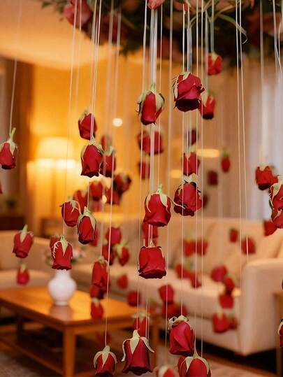 21件套红色玫瑰婚礼装饰瀑布套装，包含20朵人造玫瑰和1卷透明绳，适用于情人节、婚礼、派对装饰、新娘送礼会等活动，营造浪漫氛围。耐用人造花，塑料花，花卉背景，派对装饰和家居装饰。