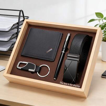 Set de regalo práctico para hombres con 4 piezas: cartera, cinturón, llavero, bolígrafo y tarjeta de felicitación, adecuado para negocios, casual y diversas ocasiones, regalos para padres, novios, cumpleaños, aniversario, Día de San Patricio, graduación, Día del Maestro, accesorios de cuero elegantes