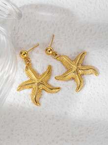 Mazuer 一对18K镀金纹理海星吊坠耳环，不锈钢球形耳钉，适合女士海滩度假、日常佩戴、约会、母亲节礼物 - 海星 - 查看 4